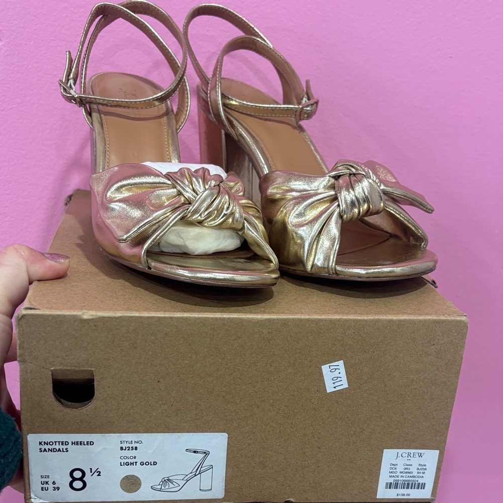 J. Crew Metallic Gold Knotted Heeled Sandals